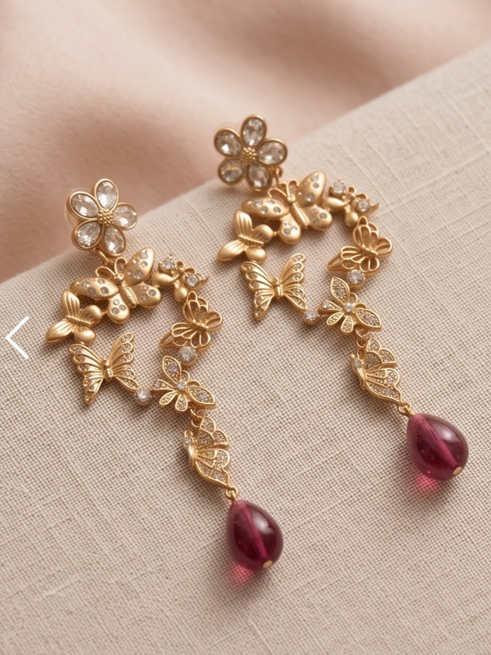Gold Butterfly Drop Earrings with Pink Teardrop Beads